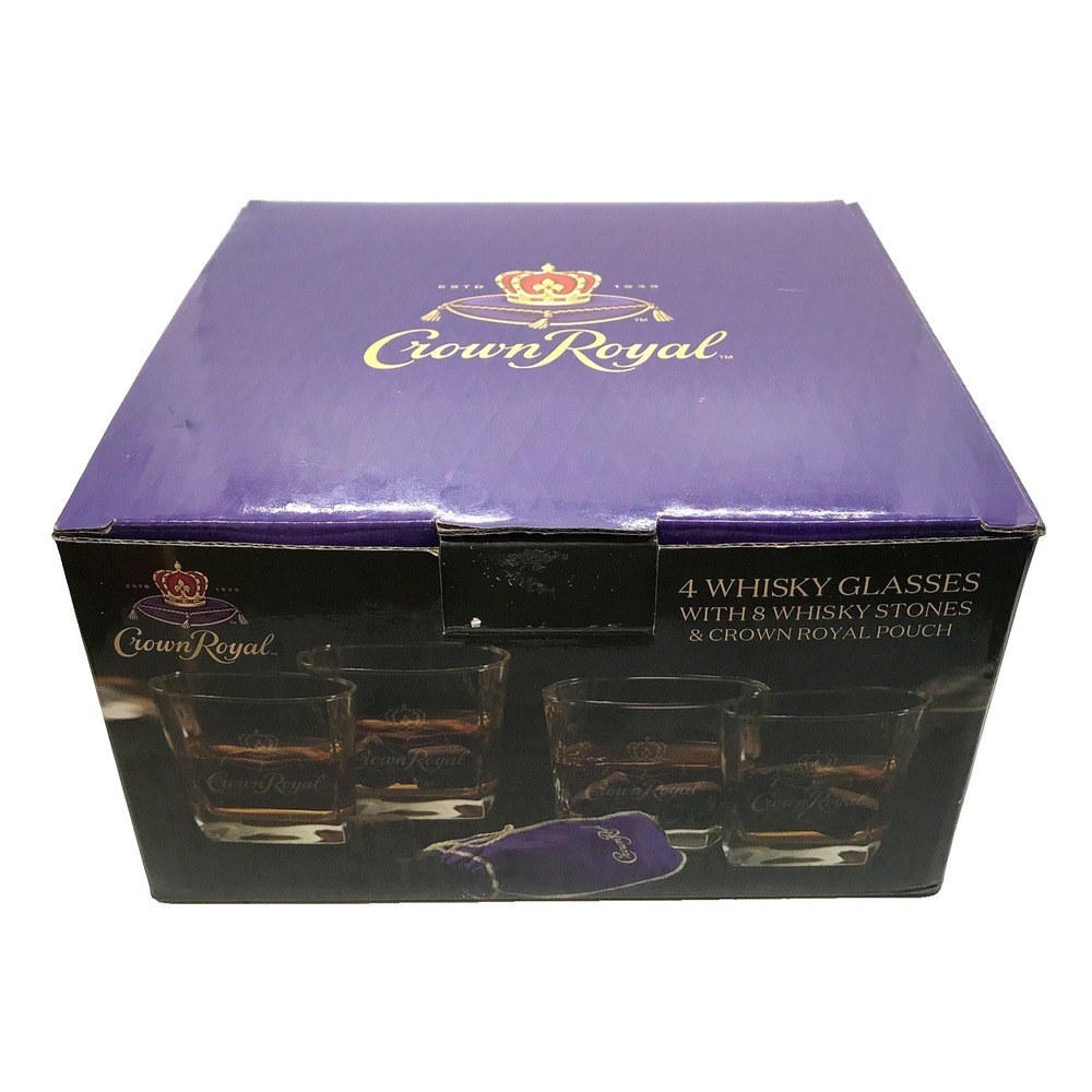Crown Royal Whiskey Glass Set 4 (10oz),8 Whiskey Stones & 1 Crown Royal Pouch